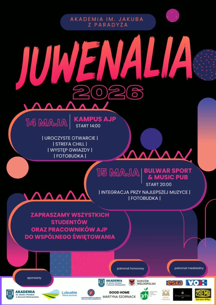 Plakat przedstawiający harmonogram Juwenaliów AJP 2026 r.
